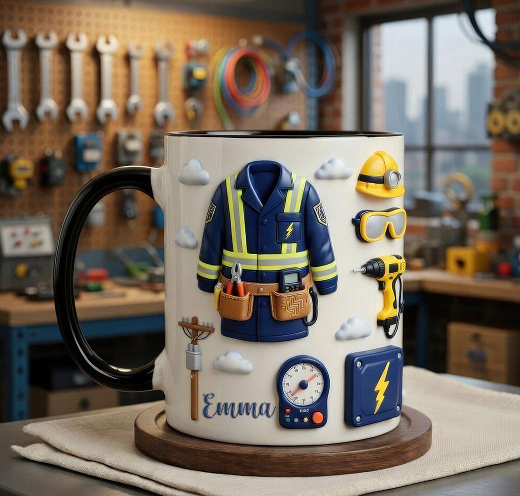 Personalized Electrician Mug, Custom Name Electrician Coffee Mug, Lineman Worker Gift Mug, Electrician Gift For Dad Or Husband, 2D Flat