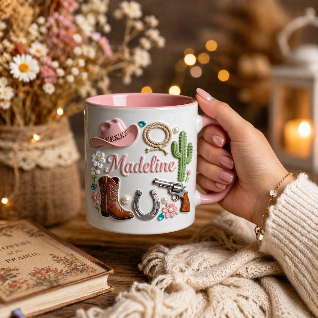 Personalized Cowgirl Mug, Western Girl Gift, Custom Name Coffee Cup, Pink Cowboy Mug, Rodeo Gift for Her, Country Style Mug