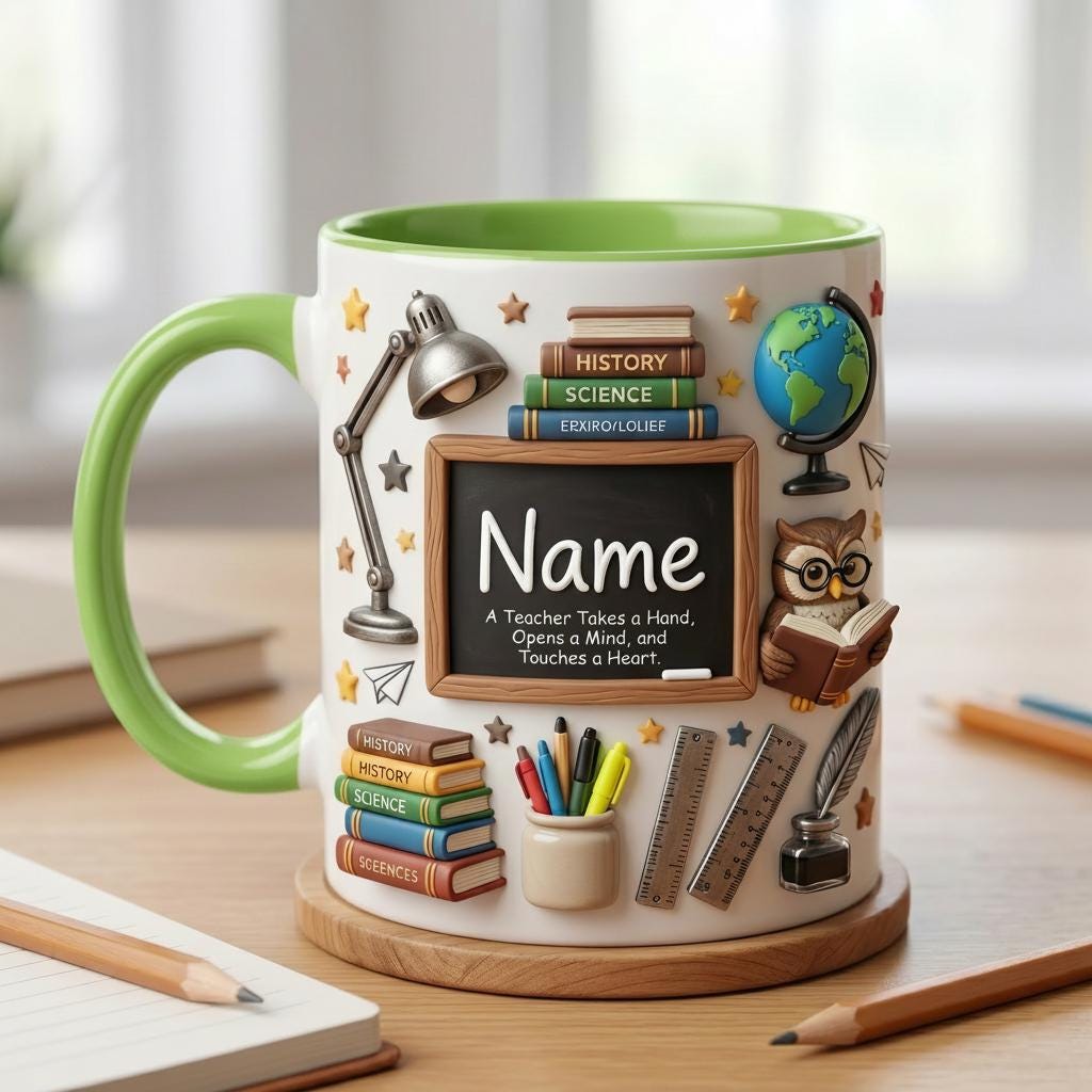 Personalized Teacher Mug with Name, Faux 3D Effect Mug, First Day School Gift
