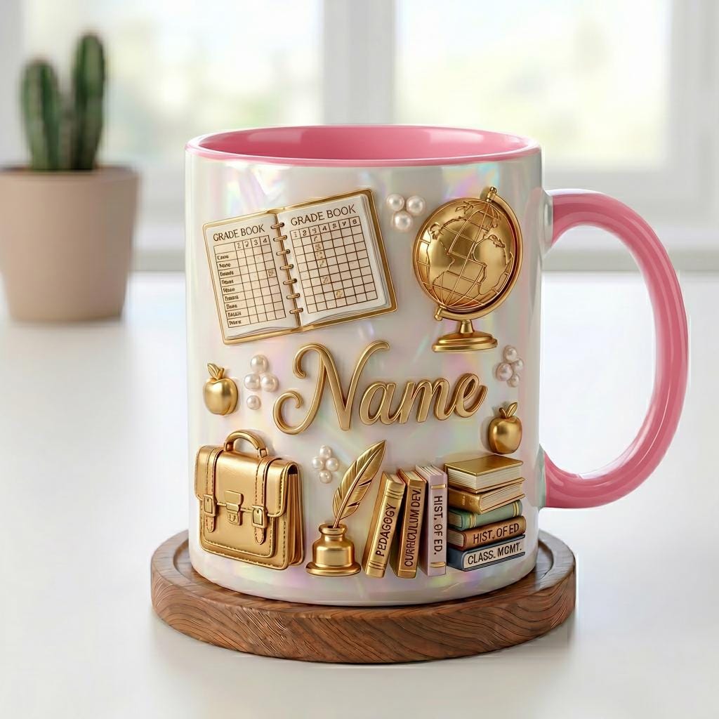 Personalized Teacher Mug 3D, Faux 3D Effect, Grade Book Globe Design