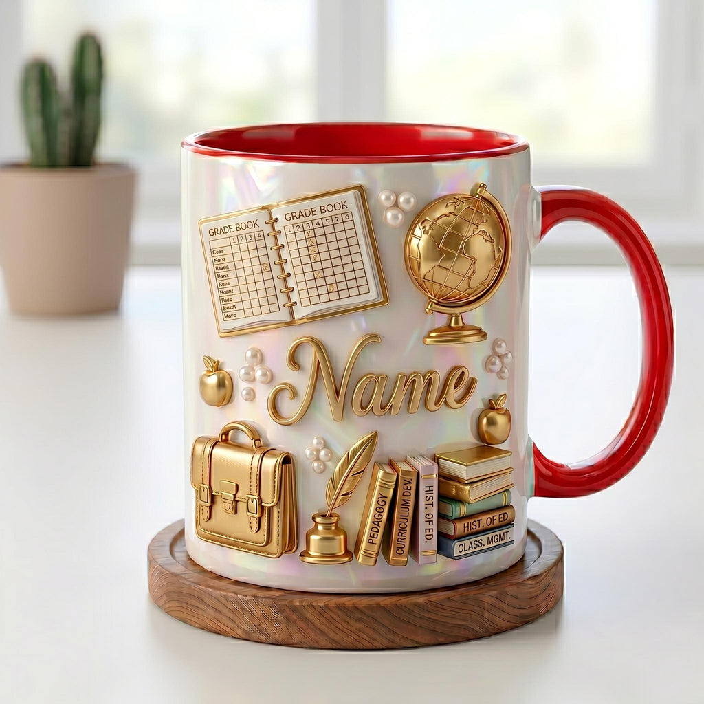 Personalized Teacher Mug 3D, Faux 3D Effect, Grade Book Globe Design