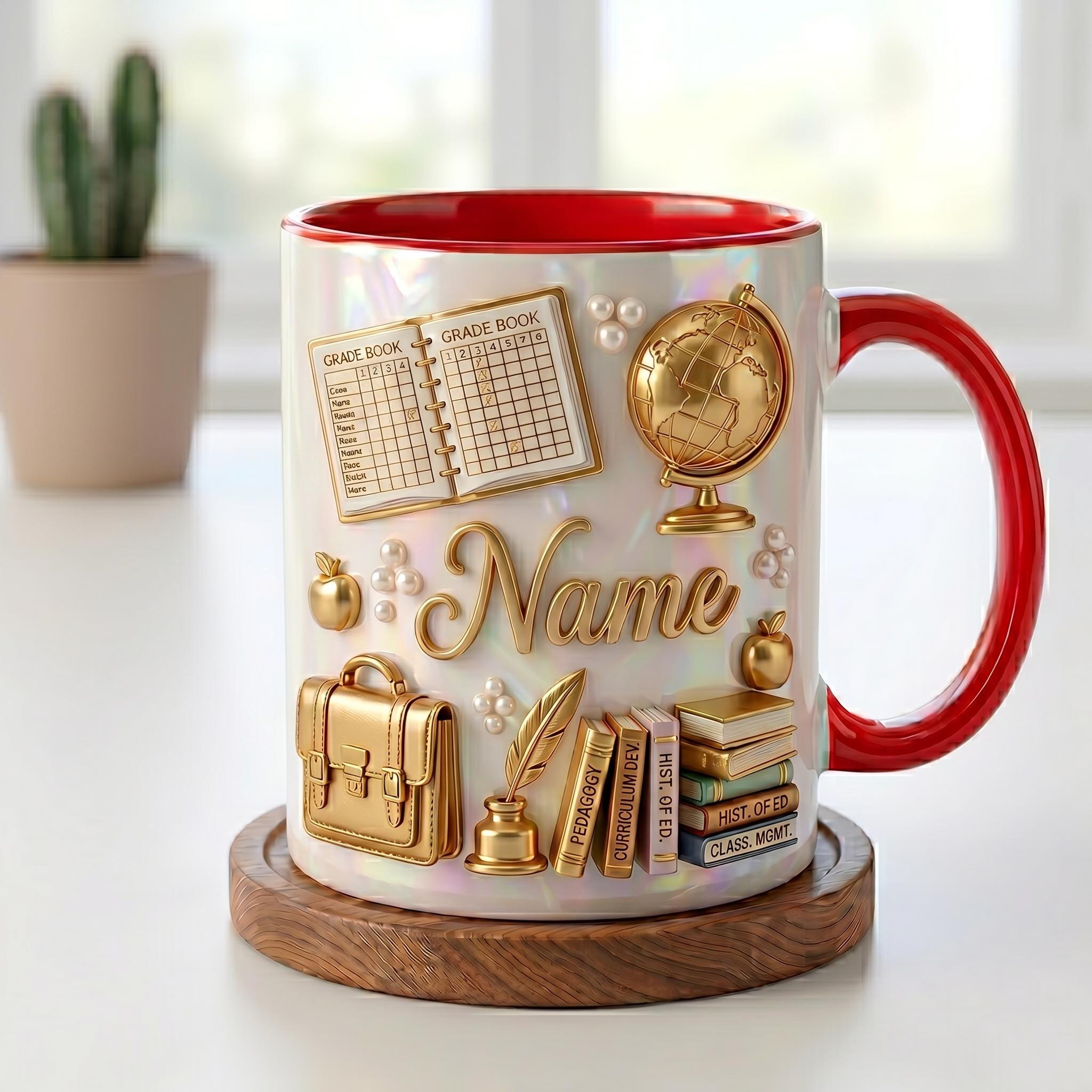 Personalized Teacher Mug 3D, Faux 3D Effect, Grade Book Globe Design