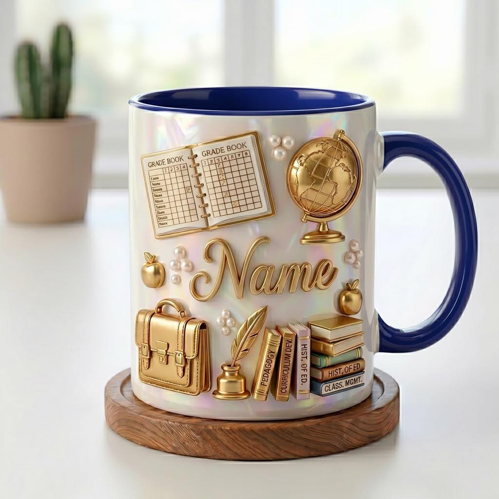 Personalized Teacher Mug 3D, Faux 3D Effect, Grade Book Globe Design