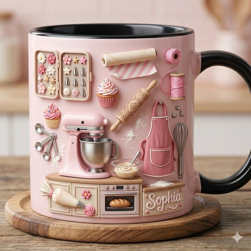 Custom Name Baking Accent Mug Personalized Baker Gift for Her Cute Pastry Chef Coffee Cup 3D Kitchen Tools Mug Sophia Pink Baking Lover Gift