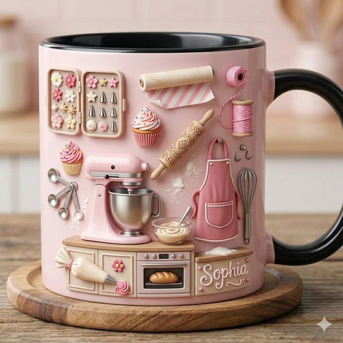 Custom Name Baking Accent Mug Personalized Baker Gift for Her Cute Pastry Chef Coffee Cup 3D Kitchen Tools Mug Sophia Pink Baking Lover Gift