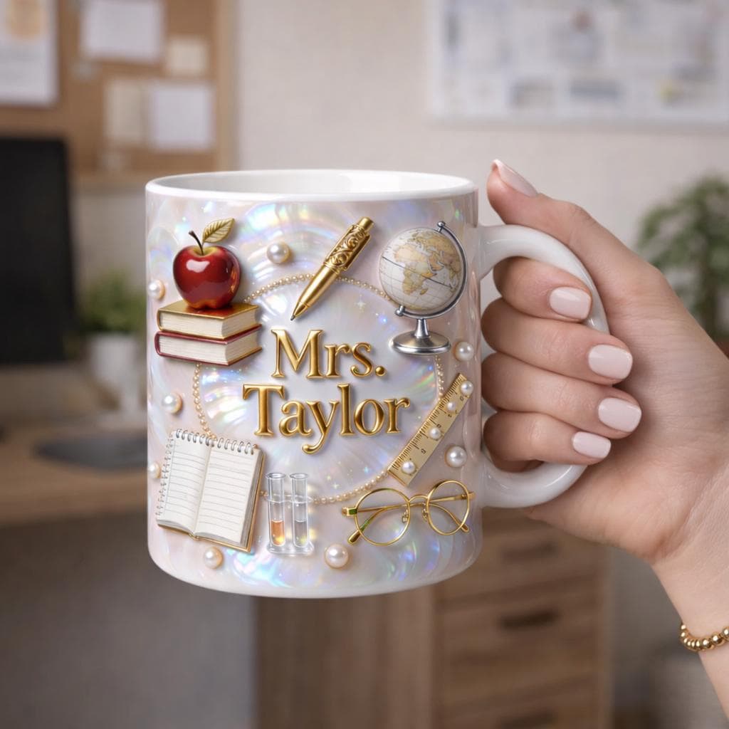 Personalized Teacher Mug Gift, Custom Name Teacher Coffee Cup, School Supplies Design, Gift for Teacher Her