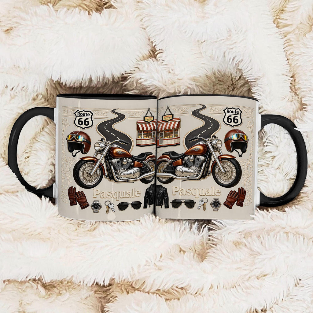 Personalized Motorcycle Mug Gift, Custom Name Biker Coffee Cup, Route 66 Bike Design, Gift for Biker Dad Husband