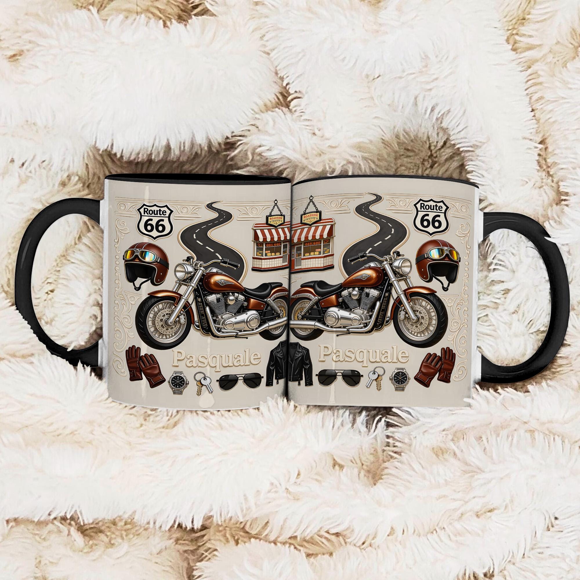 Personalized Motorcycle Mug Gift, Custom Name Biker Coffee Cup, Route 66 Bike Design, Gift for Biker Dad Husband
