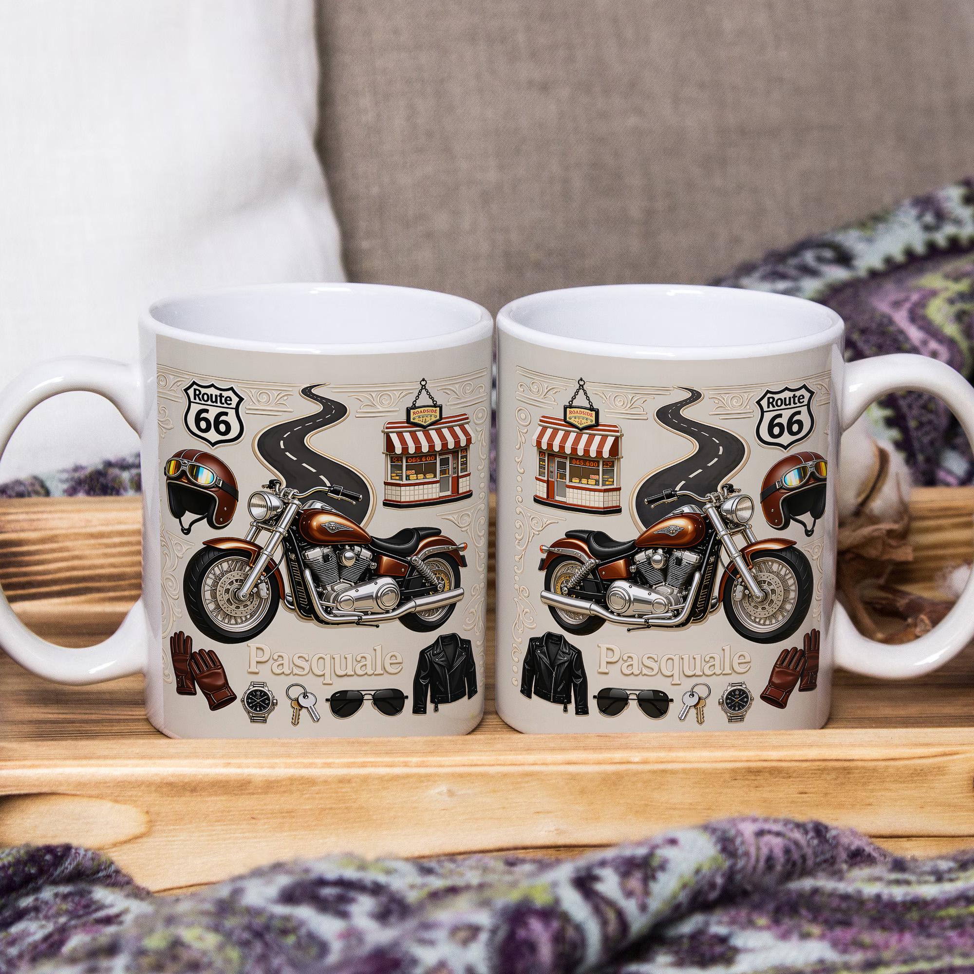 Personalized Motorcycle Mug Gift, Custom Name Biker Coffee Cup, Route 66 Bike Design, Gift for Biker Dad Husband