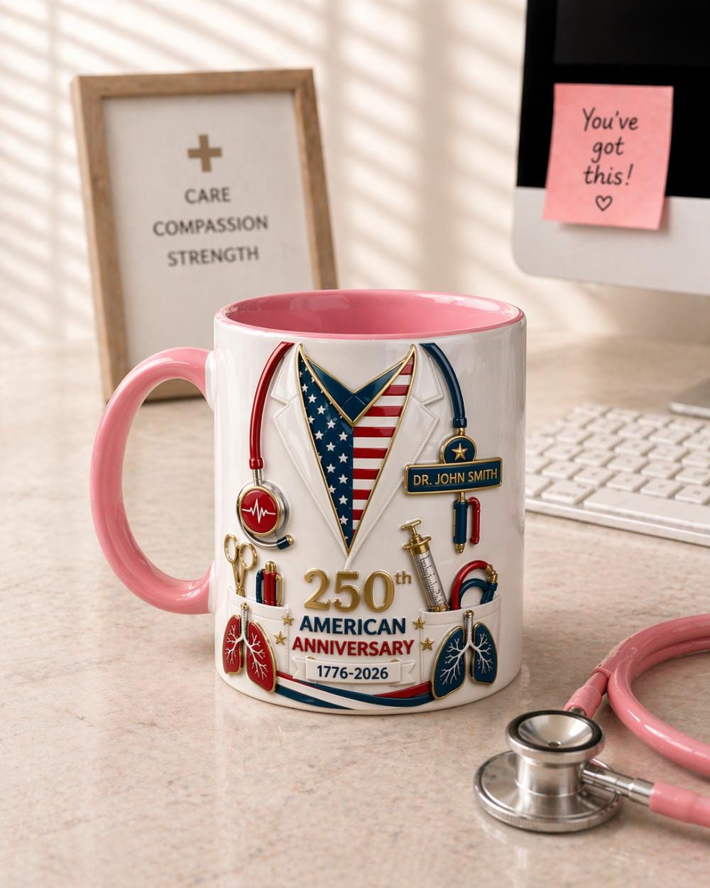 Personalized Nurse Mug Gift, American Anniversary 3D Lab Coat Mug, Custom Name Nurse Coffee Cup, Stethoscope Medical Design