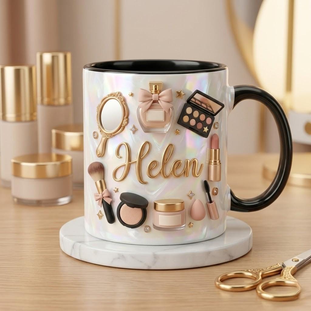Personalized Makeup Ceramic Mug, Custom Name Cup for Beauty Lover, Cosmetic Coffee Gift