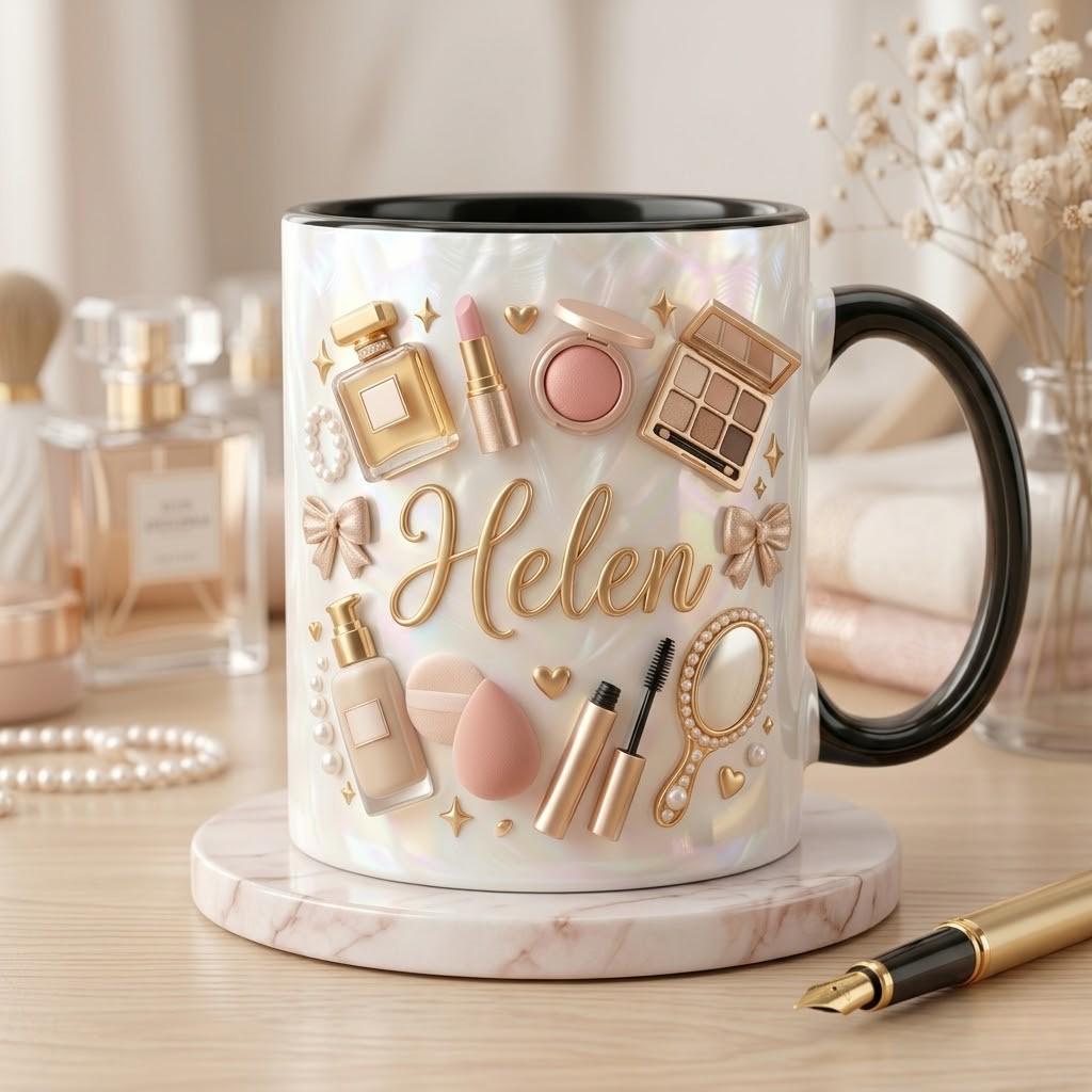 Personalized Makeup Ceramic Mug, Custom Name Cup for Beauty Lover, Cosmetic Coffee Gift