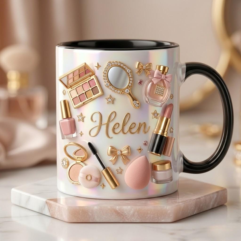 Personalized Makeup Ceramic Mug, Custom Name Cup for Beauty Lover, Cosmetic Coffee Gift