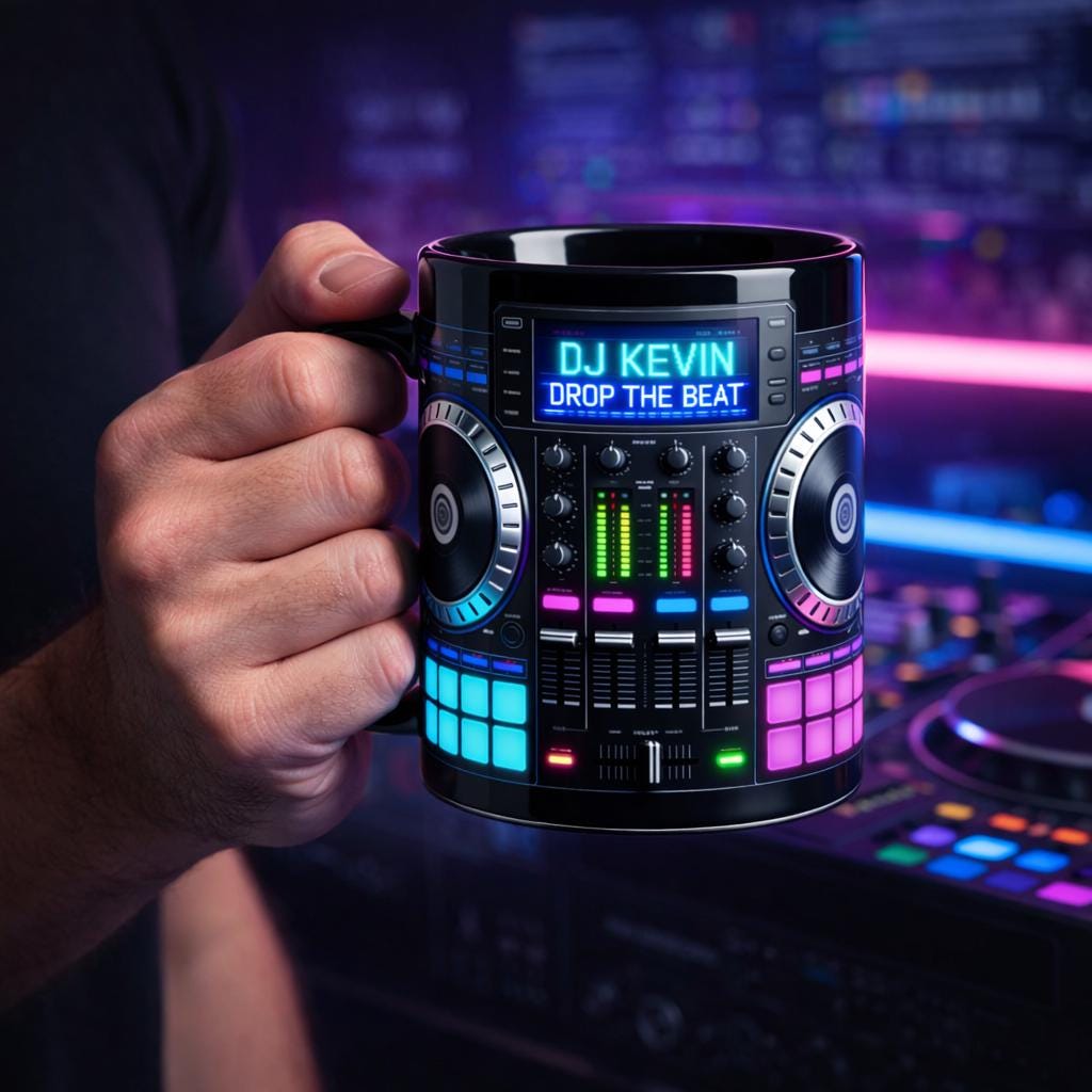 Personalized DJ Mug with Name, Custom Music Lover Gift, DJ Mixer Coffee Mug, EDM Club Gift Drop The Beat
