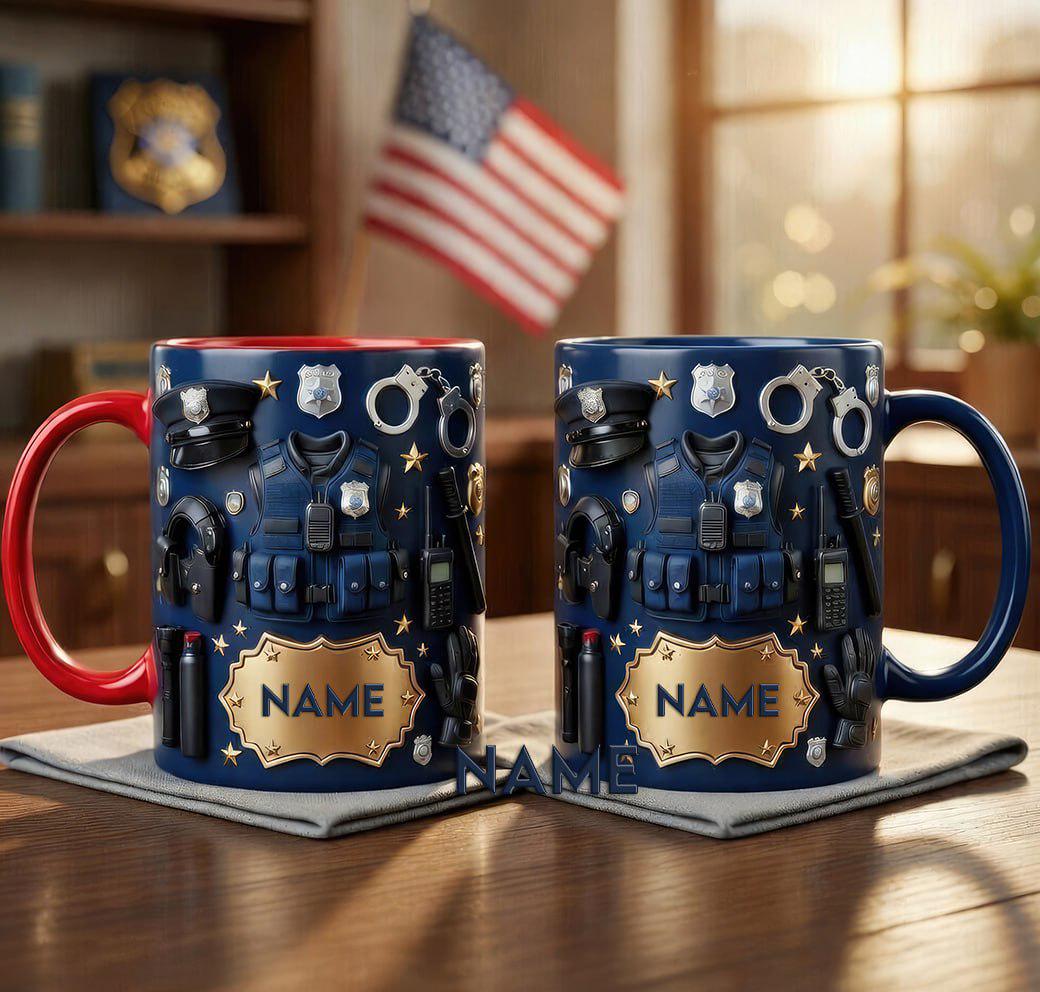 Personalized Police Uniform Mug 3D, Custom Name Cop Coffee Cup, Law Enforcement Gift