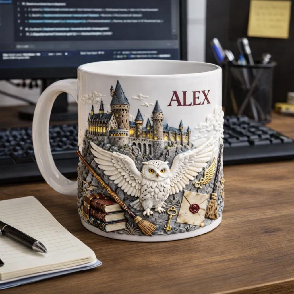 Personalized Wizard Mug, Custom Name Magic School Mug, Owl Castle Coffee Cup, Fantasy Lover Gift, Wizard Gift for Him, Magical Mug