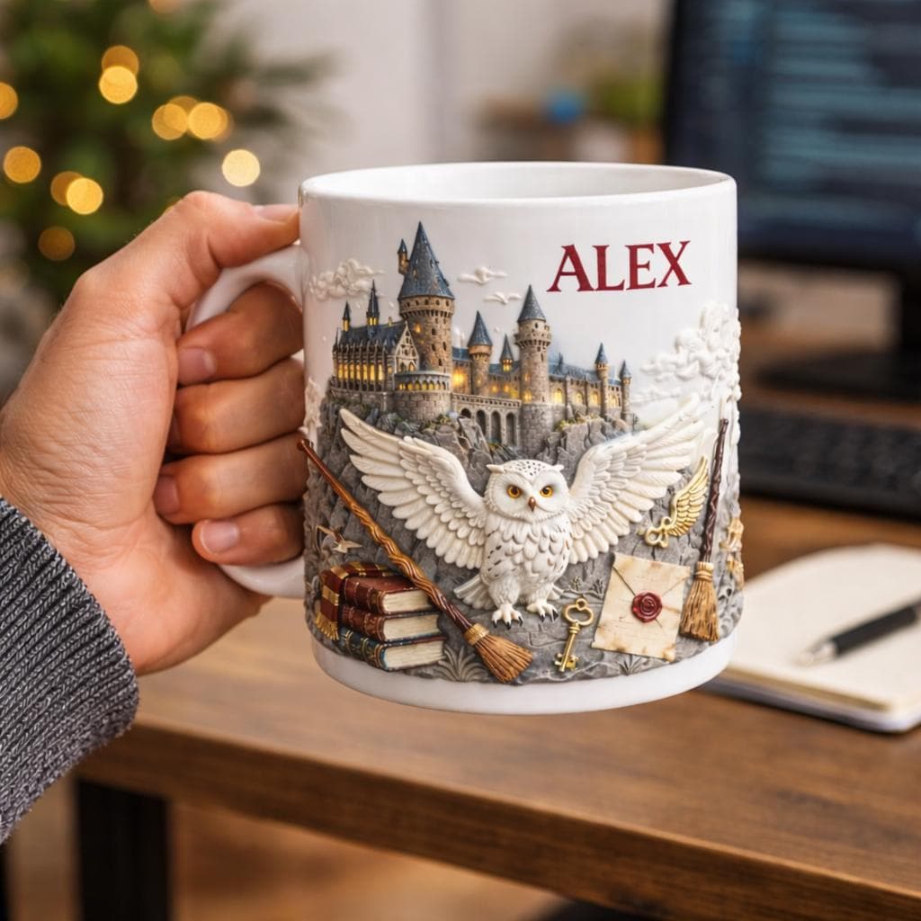 Personalized Wizard Mug, Custom Name Magic School Mug, Owl Castle Coffee Cup, Fantasy Lover Gift, Wizard Gift for Him, Magical Mug