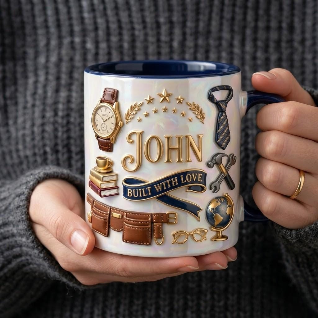 Personalized Dad Ceramic Mug, Custom Built With Love Cup, Father Gift, Dad Energy Keepsake