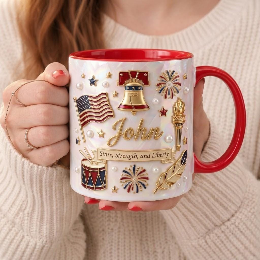 Personalized Patriotic Accent Mug, Custom Stars Strength and Liberty Cup, USA Dad Gift