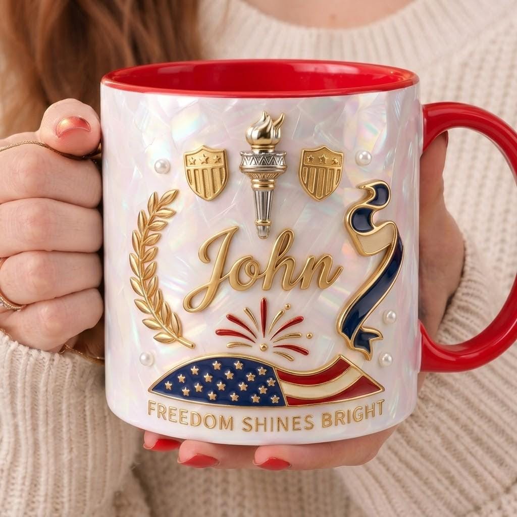 Personalized Patriotic Ceramic Mug, Custom Freedom Shines Bright Cup, USA Gift for Dad