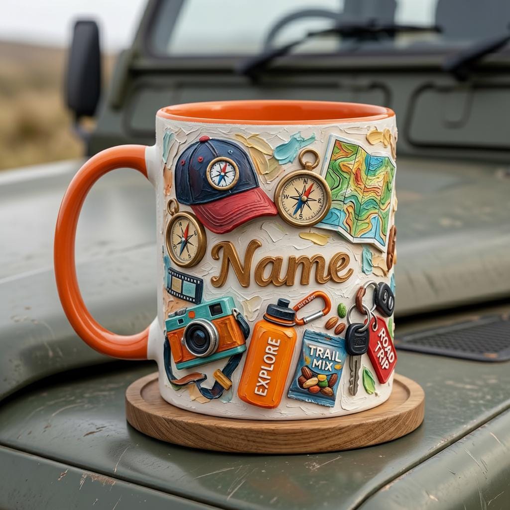 Personalized Road Trip Mug 3D, Faux Oil Painting Effect, Travel Coffee Cup, Vacation Gift, Explore Adventure Mug