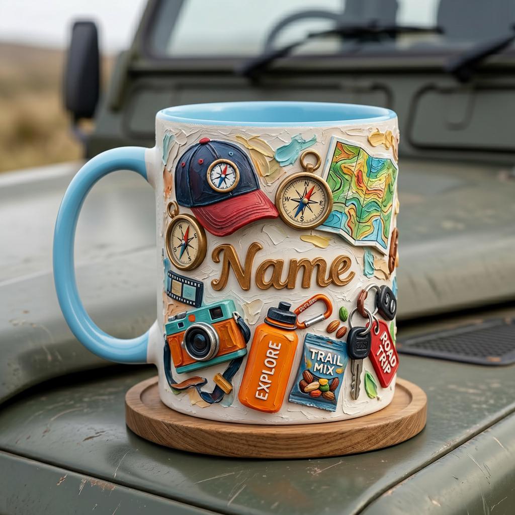 Personalized Road Trip Mug 3D, Faux Oil Painting Effect, Travel Coffee Cup, Vacation Gift, Explore Adventure Mug