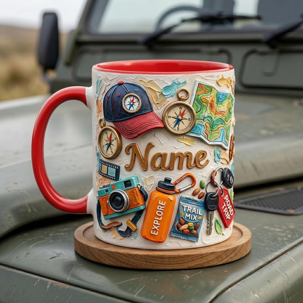 Personalized Road Trip Mug 3D, Faux Oil Painting Effect, Travel Coffee Cup, Vacation Gift, Explore Adventure Mug