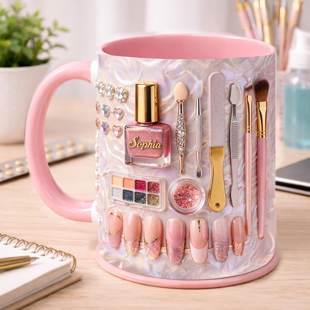 Personalized Nail Tech 2D Mug, Manicurists, Beauty Professionals, Gifts for Nail Lovers, Pink Manicure Tools Coffee Cup for Nail Artists