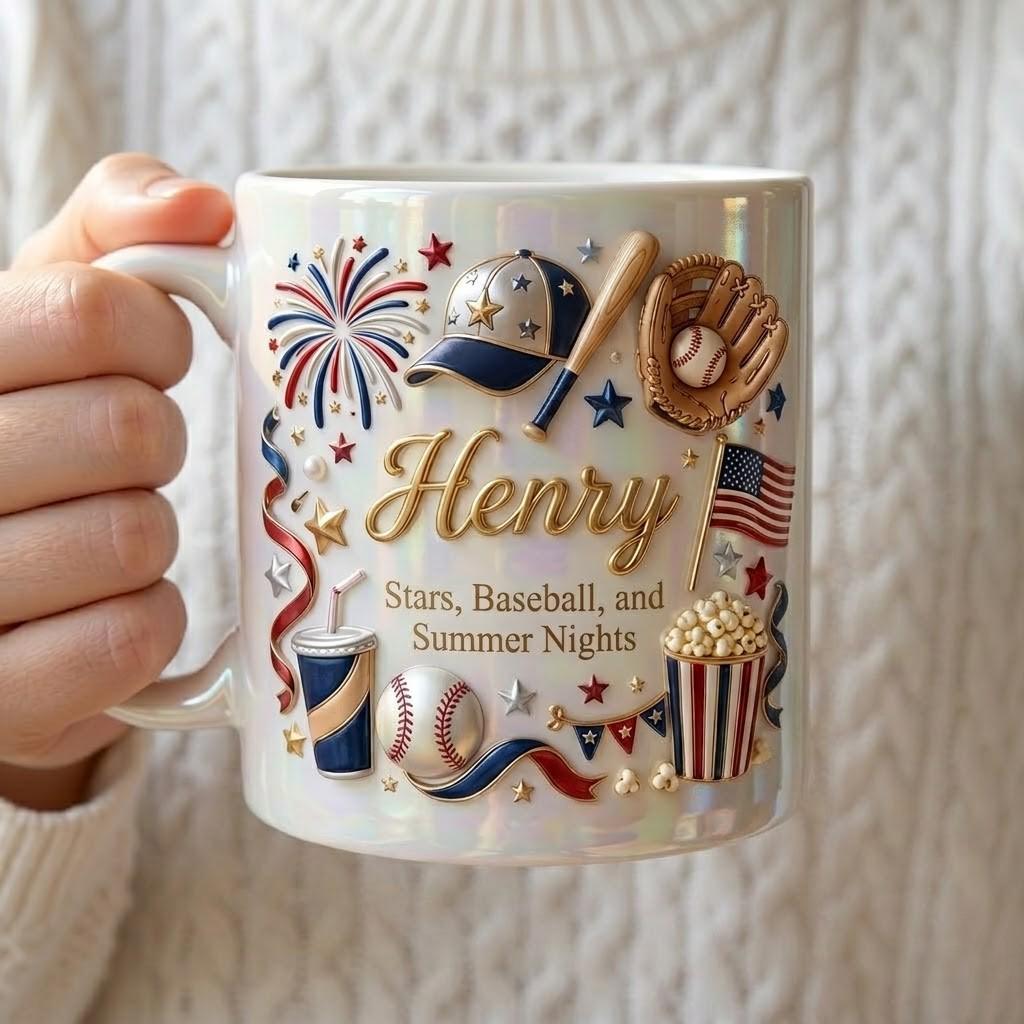 Personalized Patriotic Baseball Accent Mug, Custom Stars Baseball Cup, Summer Nights Gift