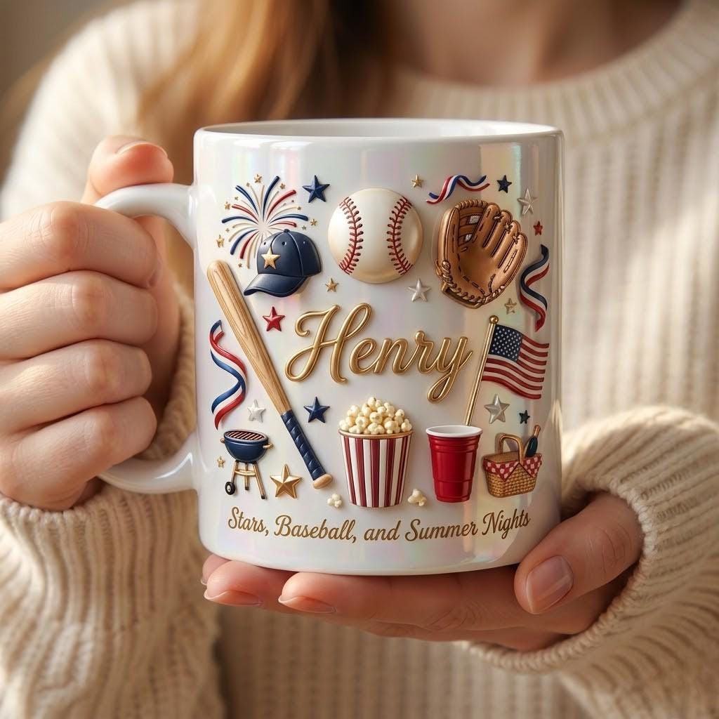 Personalized Patriotic Baseball Accent Mug, Custom Stars Baseball Cup, Summer Nights Gift