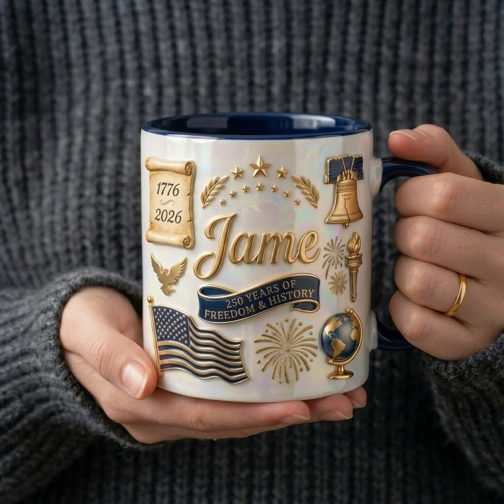 Personalized 250th Anniversary America Mug, Custom Patriotic Ceramic Cup, 1776 2026 Freedom History Gift