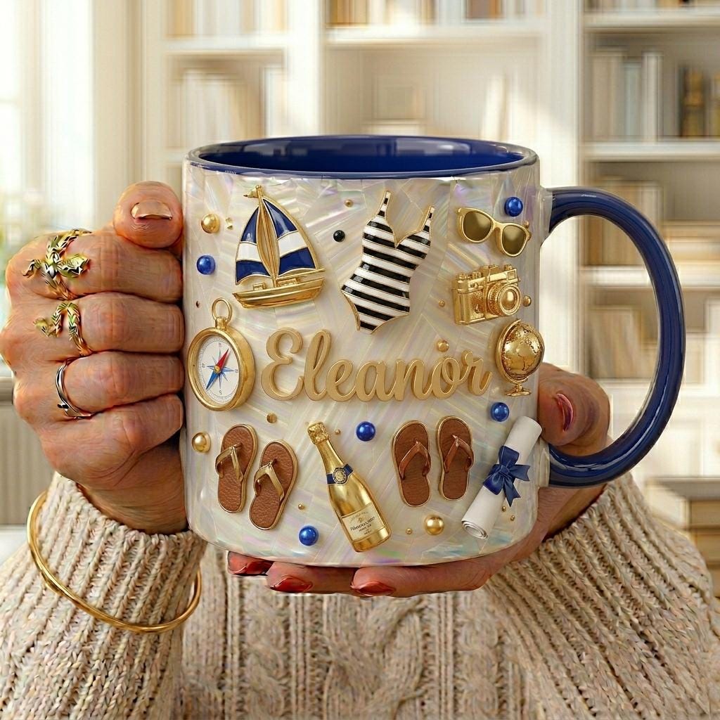 Personalized Beach Mug with Name, Summer Vacation Gift for Her, Travel Lover Coffee Cup, Tropical Beach Mug, Custom Cute Summer Gift
