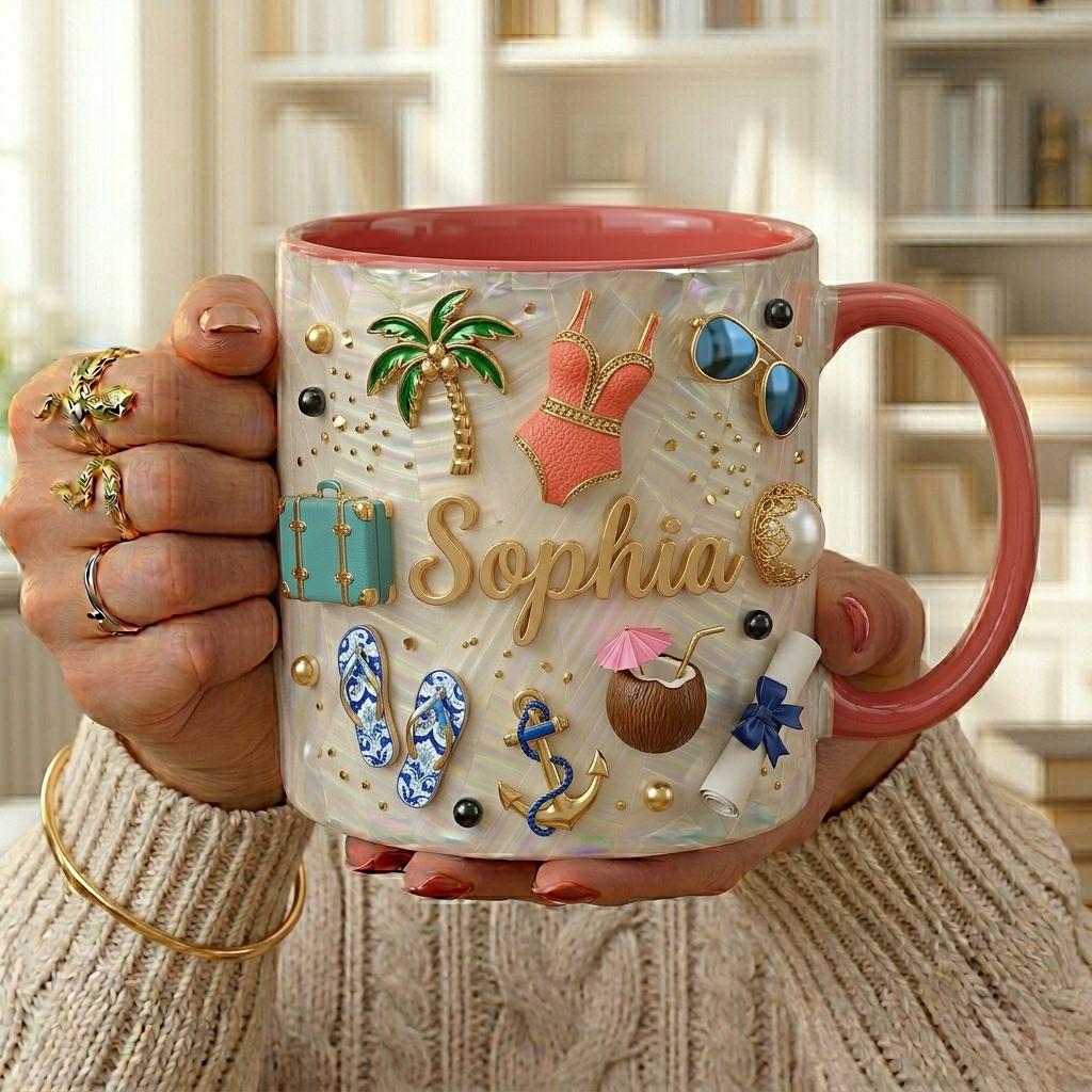 Personalized Travel Mug with Name, Vacation Gift for Her, Beach Lover Coffee Cup, Retirement Gift Idea, Custom Summer Mug