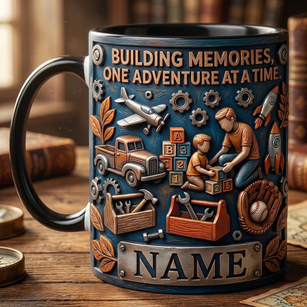 Personalized Dad Son Building Memories Mug, Fathers Day Gift, Faux 3D Effect Cup