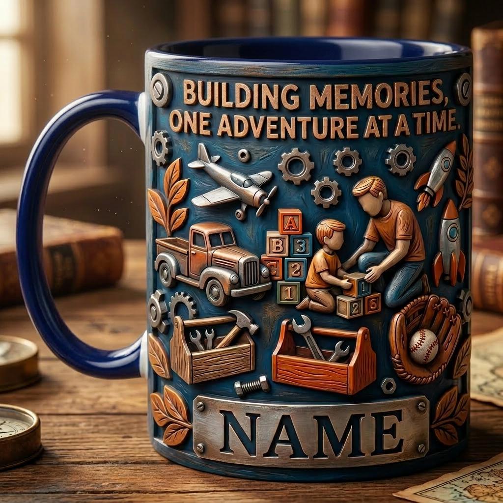 Personalized Dad Son Building Memories Mug, Fathers Day Gift, Faux 3D Effect Cup