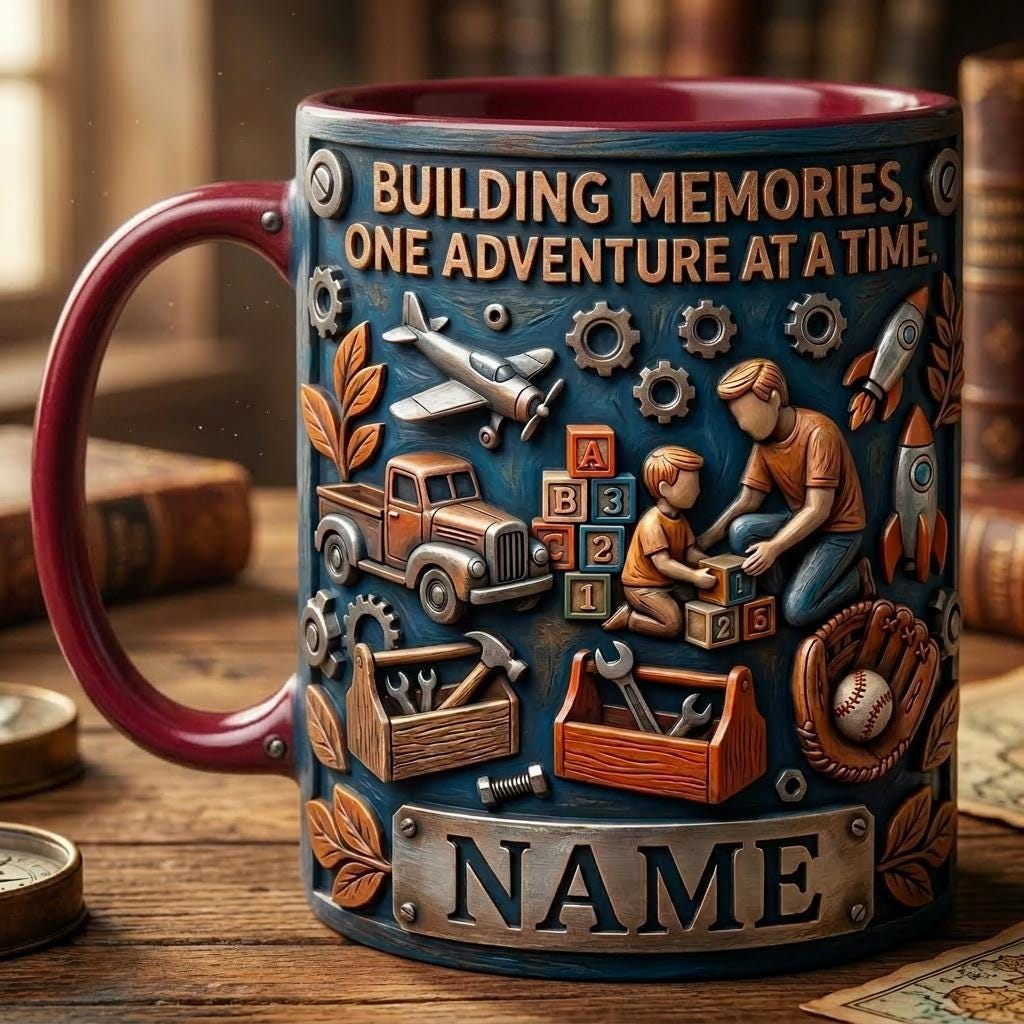Personalized Dad Son Building Memories Mug, Fathers Day Gift, Faux 3D Effect Cup