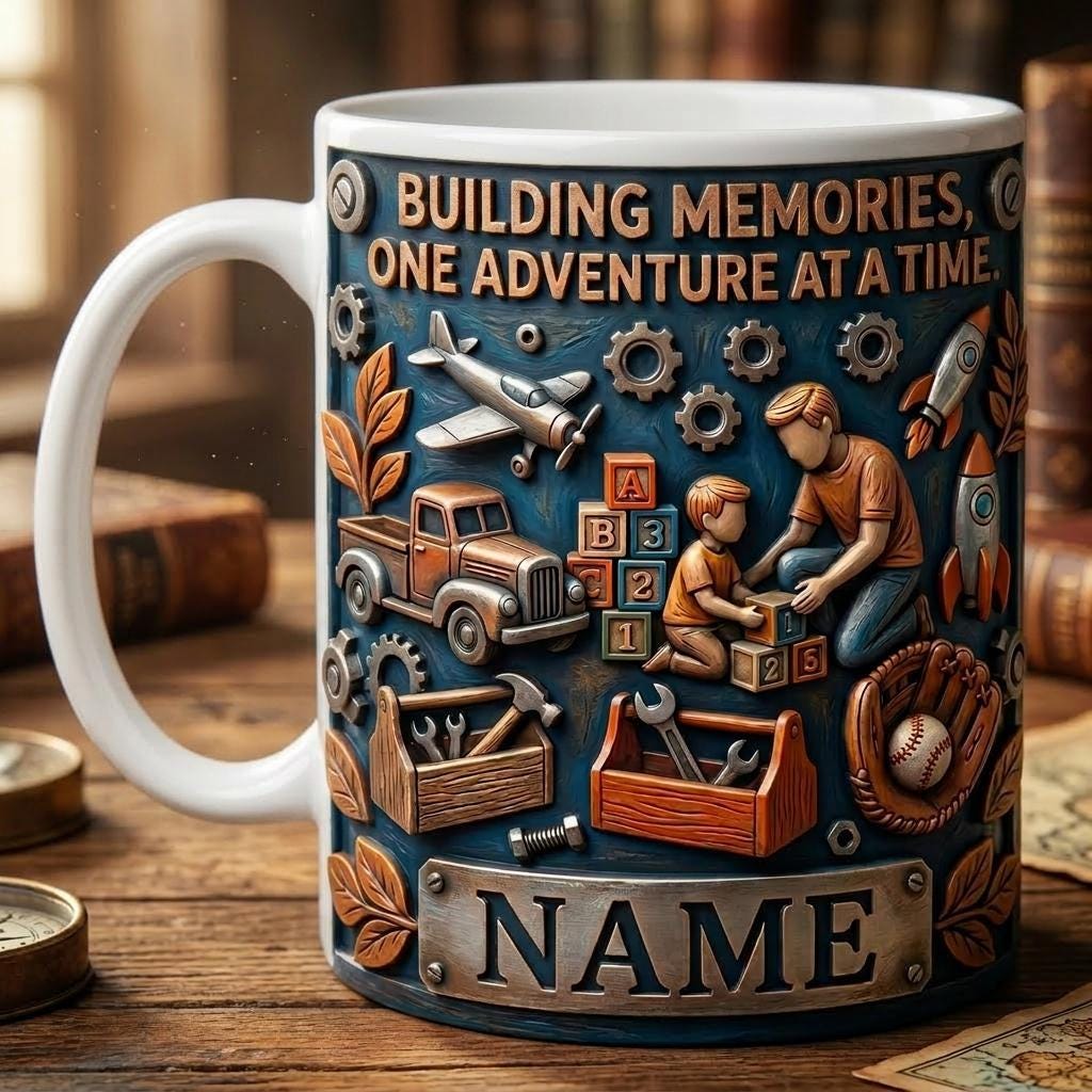 Personalized Dad Son Building Memories Mug, Fathers Day Gift, Faux 3D Effect Cup