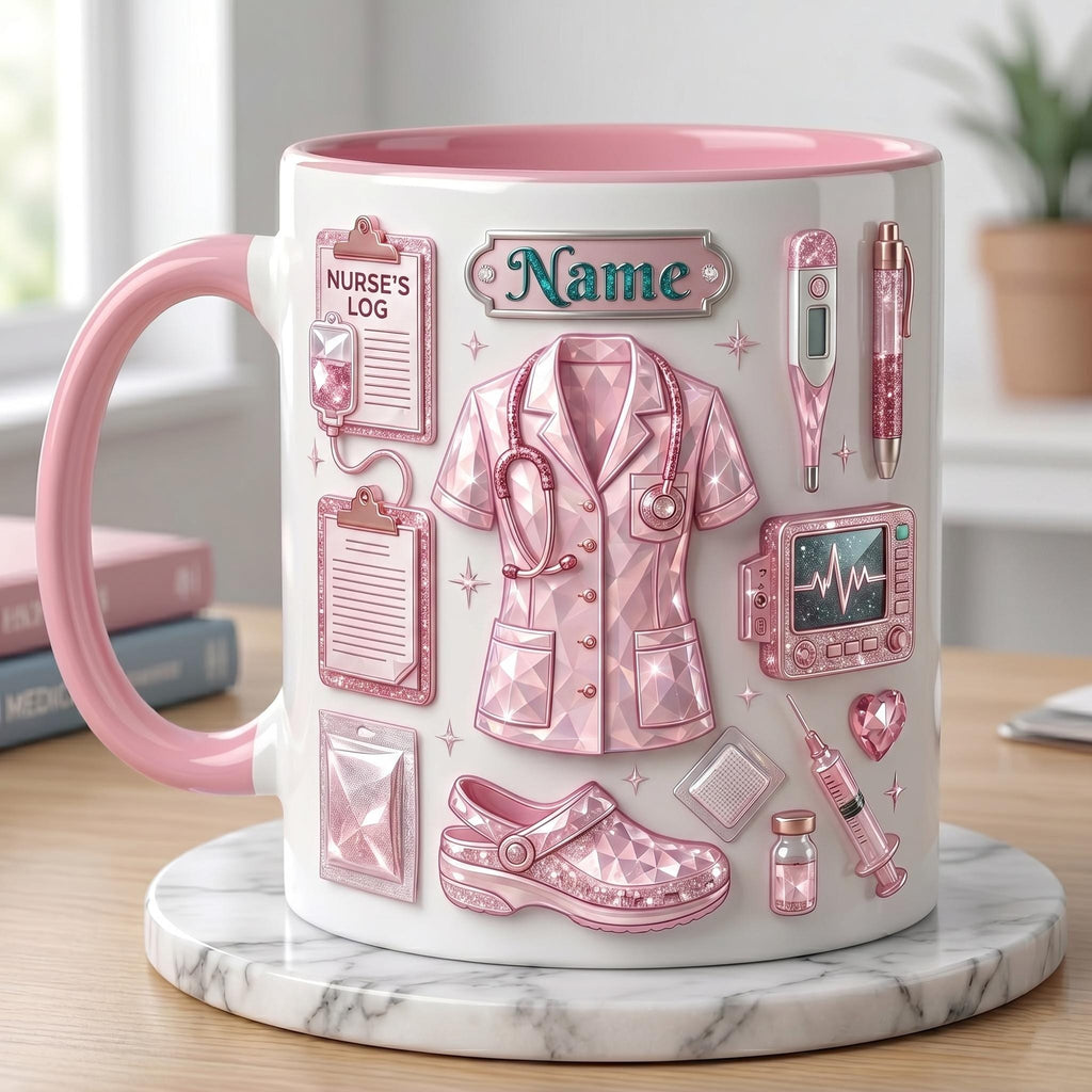 Personalized Nurse Life 3D Embossed Mug, Crystal Style Medical Icons, Gift For Nurses