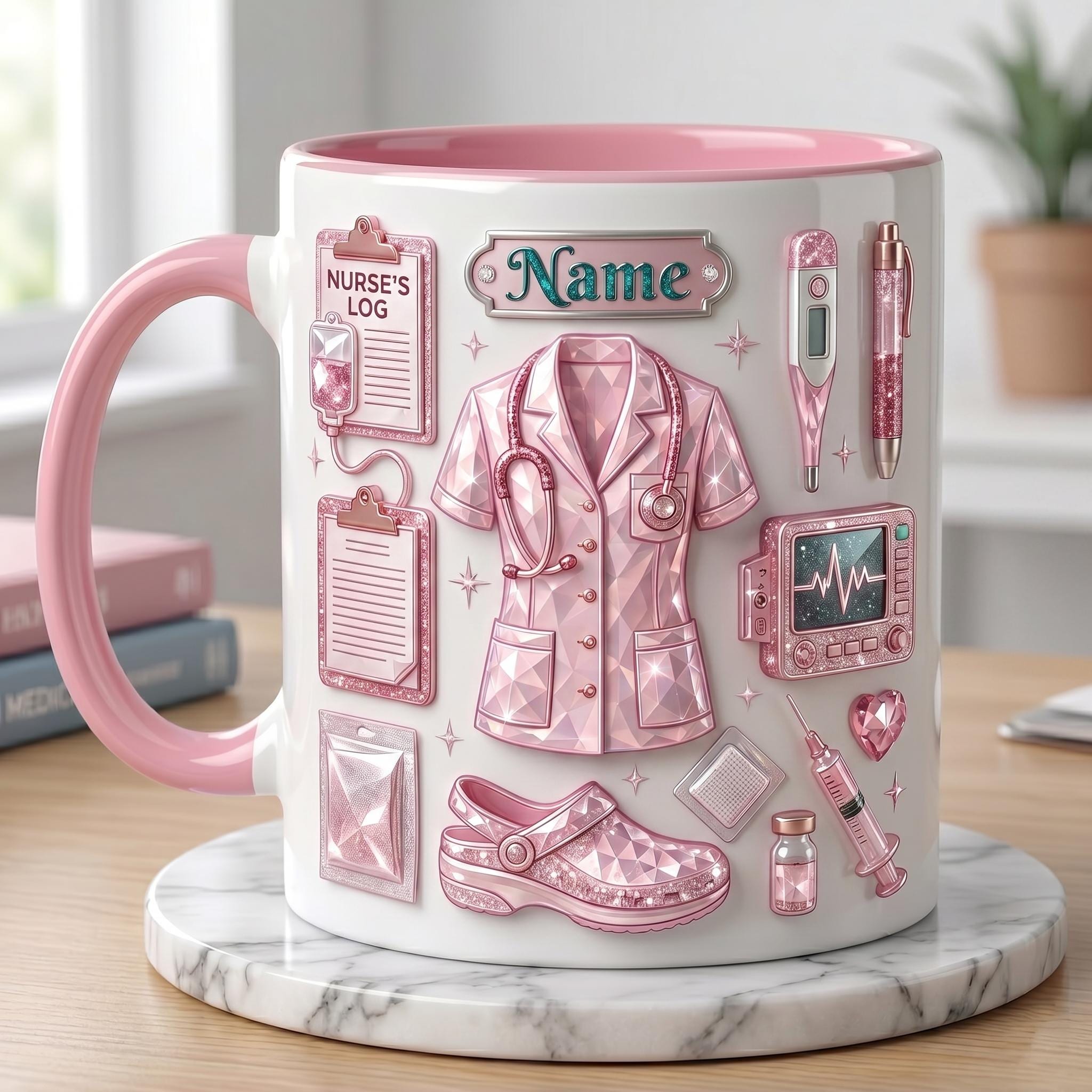 Personalized Nurse Life 3D Embossed Mug, Crystal Style Medical Icons, Gift For Nurses