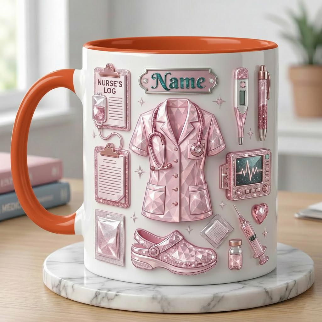 Personalized Nurse Life 3D Embossed Mug, Crystal Style Medical Icons, Gift For Nurses