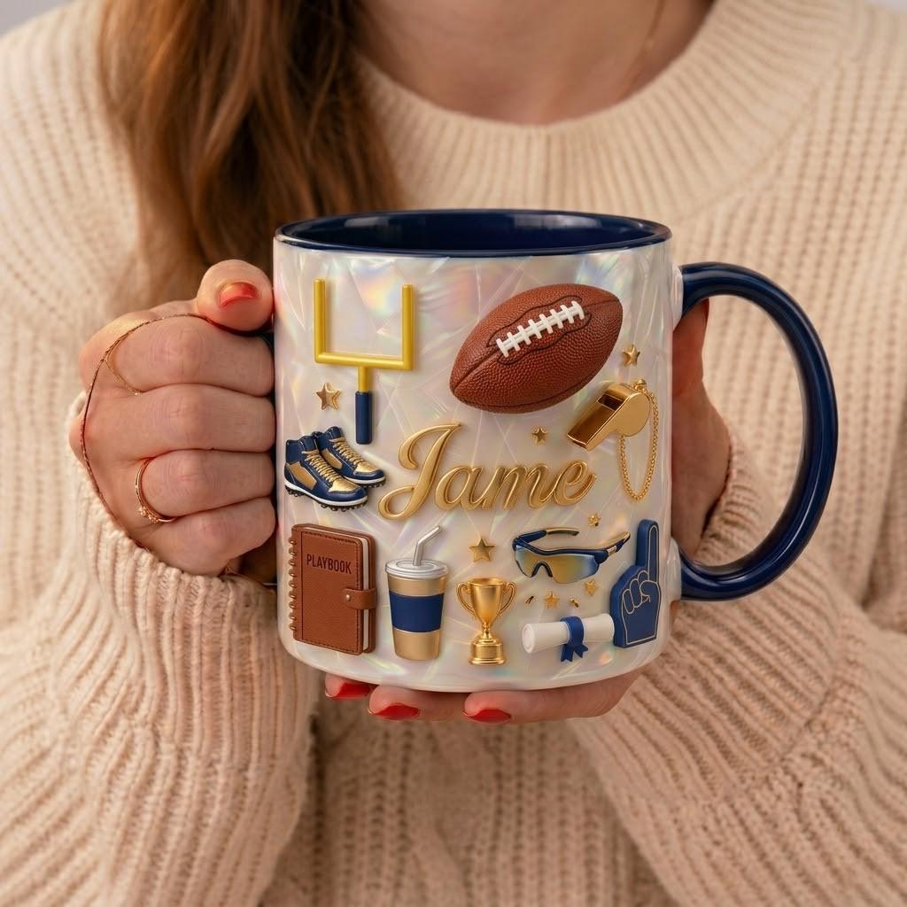 Personalized Football Ceramic Mug, Cup for Coach Player Fan, Sports Theme Coffee Mug Gift
