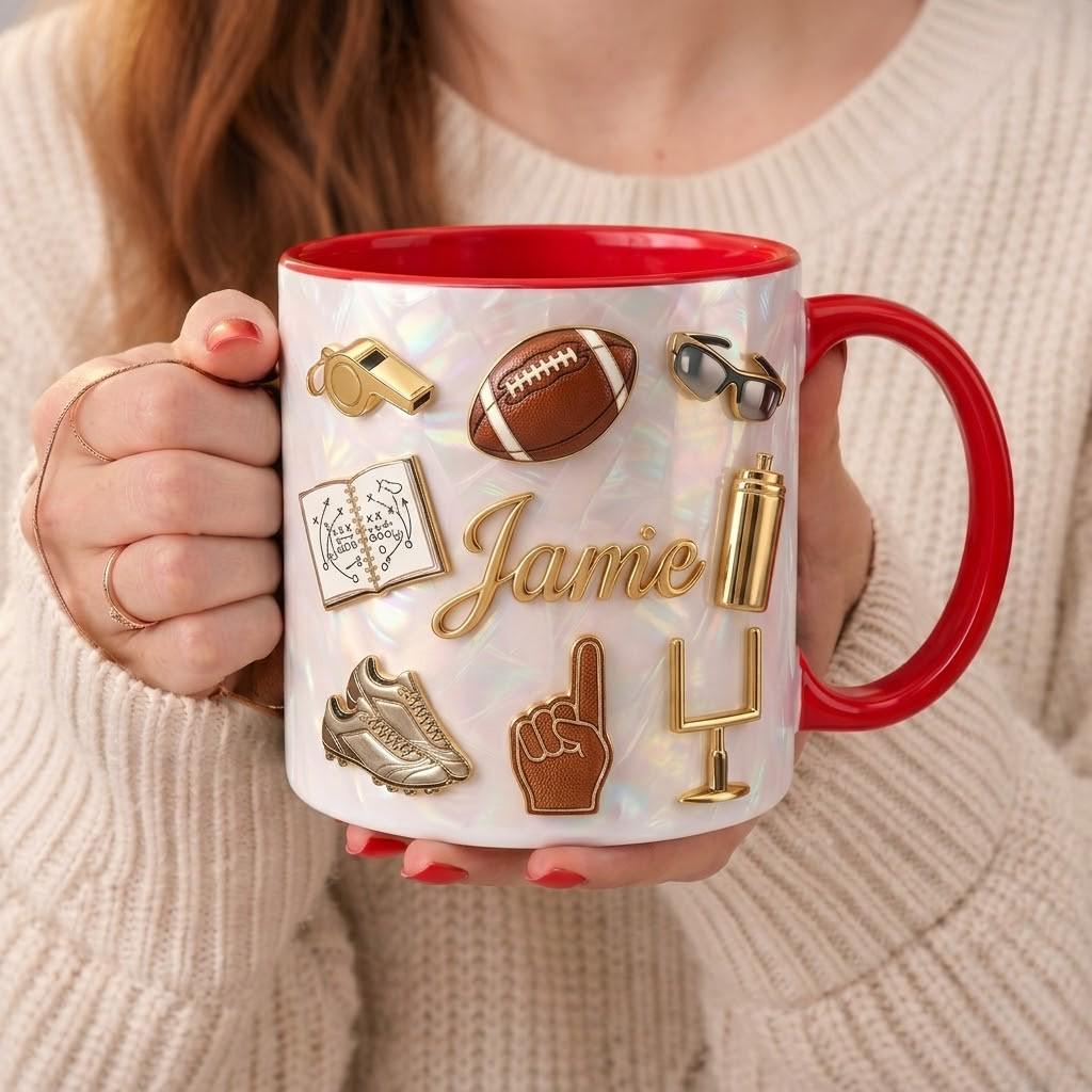 Personalized Football Ceramic Mug, Cup for Coach Player Fan, Sports Theme Coffee Mug Gift