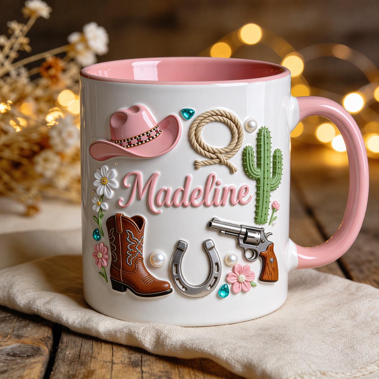 Personalized Cowgirl Mug, Western Girl Gift, Custom Name Coffee Cup, Pink Cowboy Mug, Rodeo Gift for Her, Country Style Mug