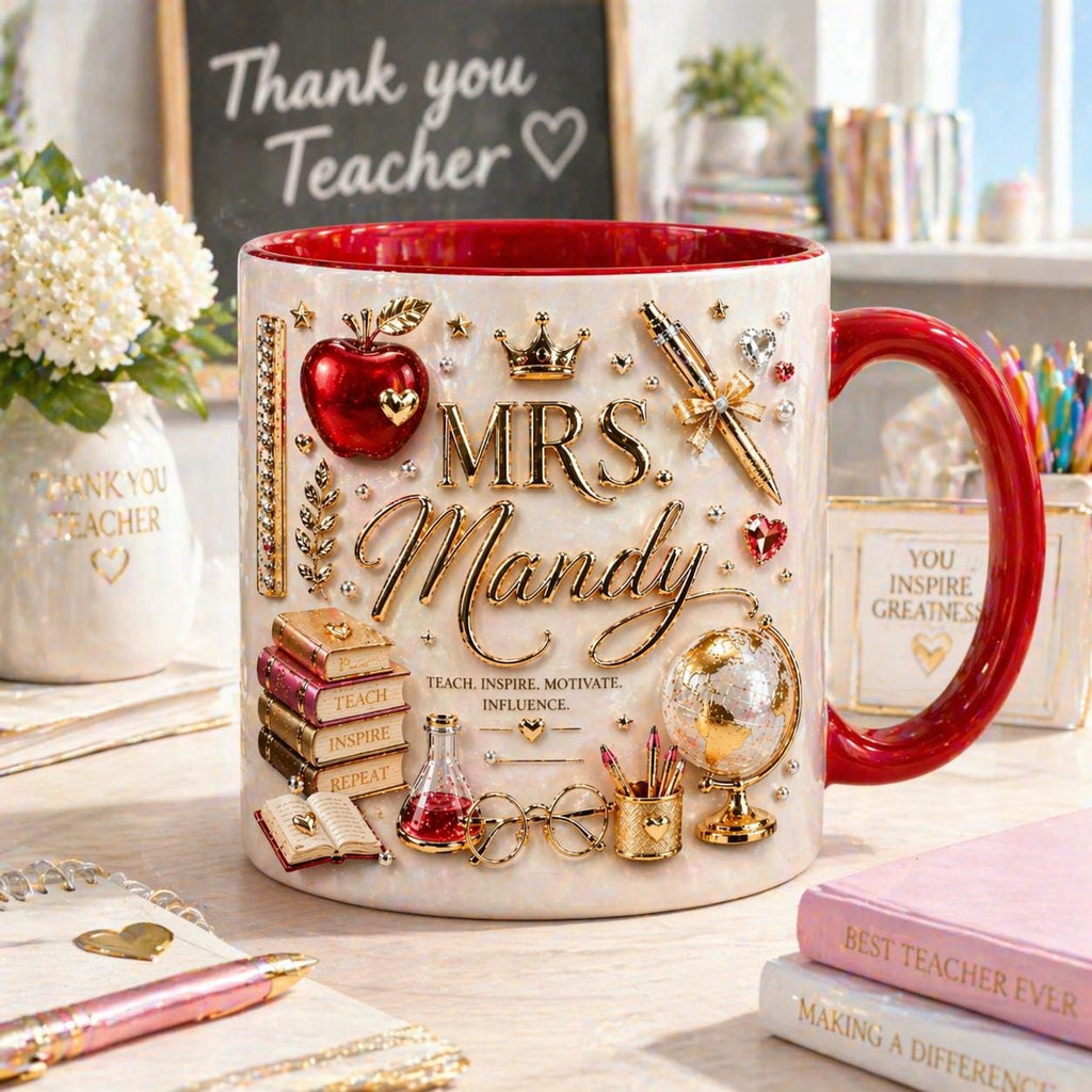Personalized Teacher Mug with Name, Custom Teacher Coffee Mug, Cute Apple Gift for Teacher, Back to School Teacher Gift Cup