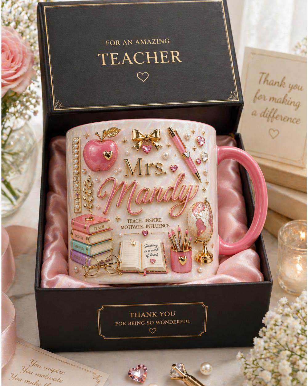 Personalized Teacher Mug with Name, Custom Teacher Coffee Mug, Cute Apple Gift for Teacher, Back to School Teacher Gift Cup
