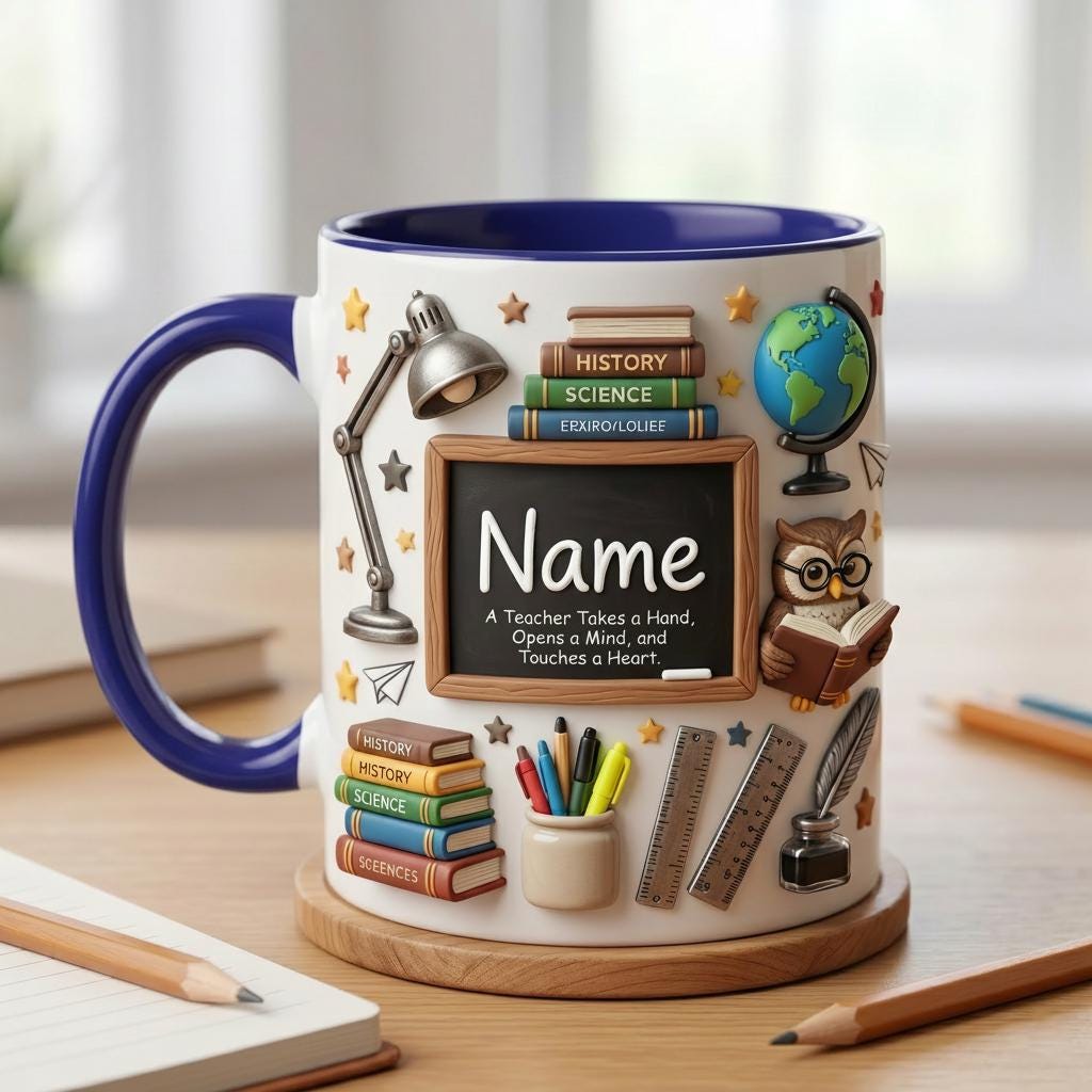 Personalized Teacher Mug with Name, Faux 3D Effect Mug, First Day School Gift
