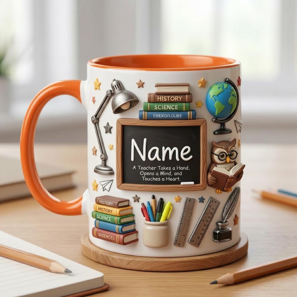 Personalized Teacher Mug with Name, Faux 3D Effect Mug, First Day School Gift