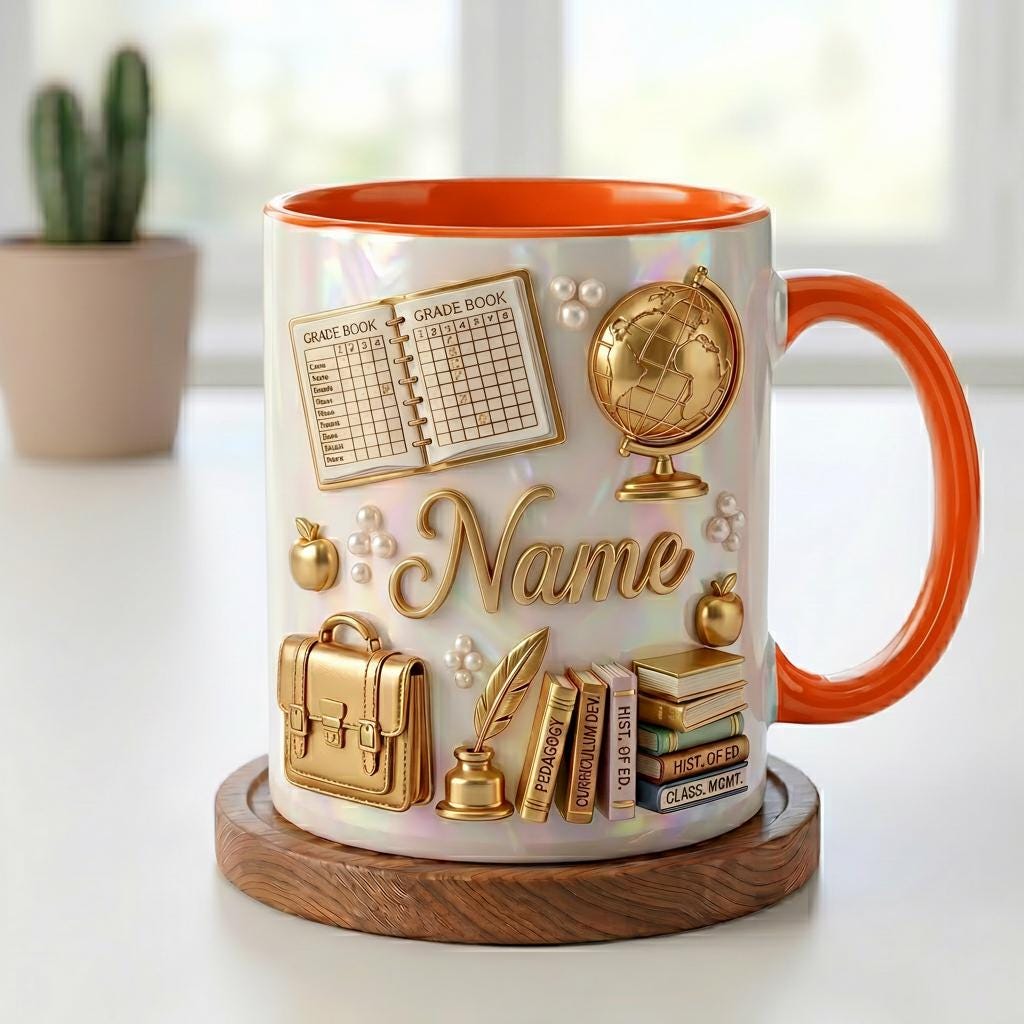 Personalized Teacher Mug 3D, Faux 3D Effect, Grade Book Globe Design