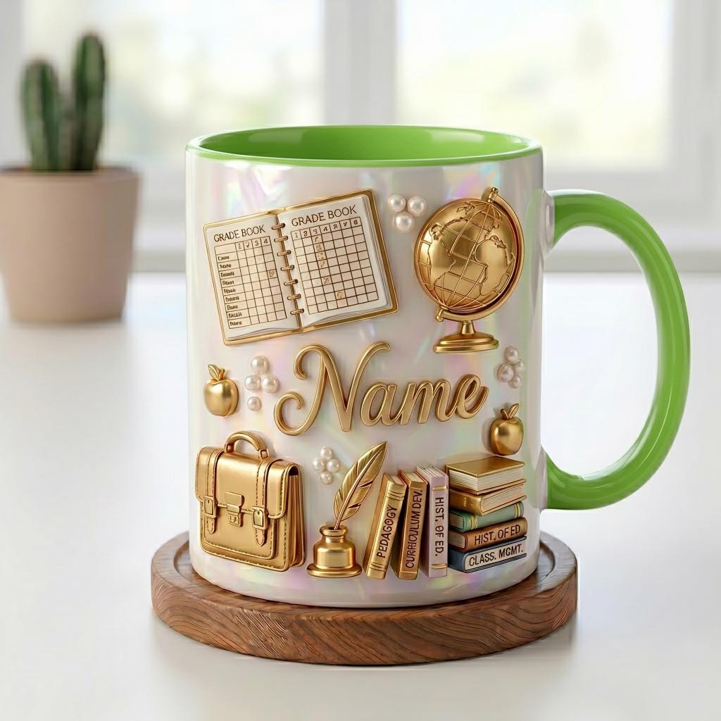 Personalized Teacher Mug 3D, Faux 3D Effect, Grade Book Globe Design