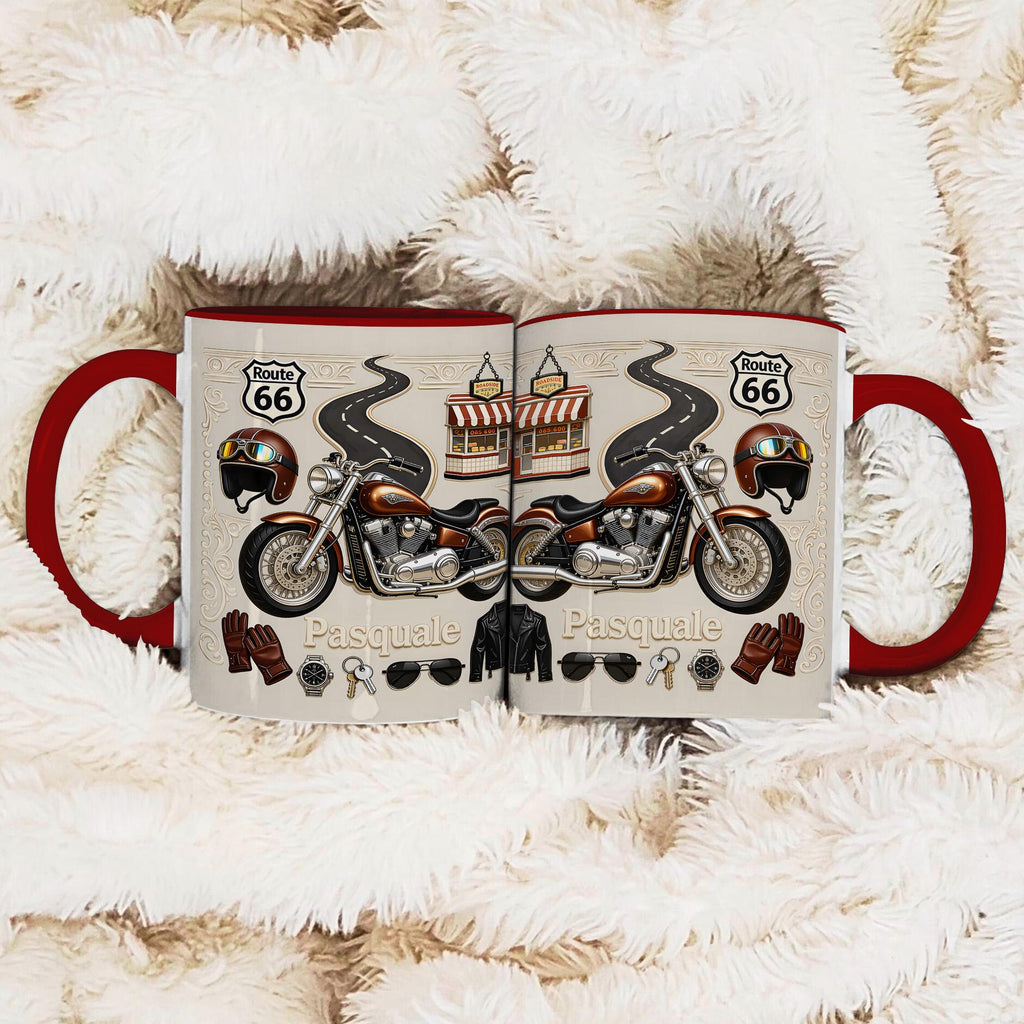 Personalized Motorcycle Mug Gift, Custom Name Biker Coffee Cup, Route 66 Bike Design, Gift for Biker Dad Husband